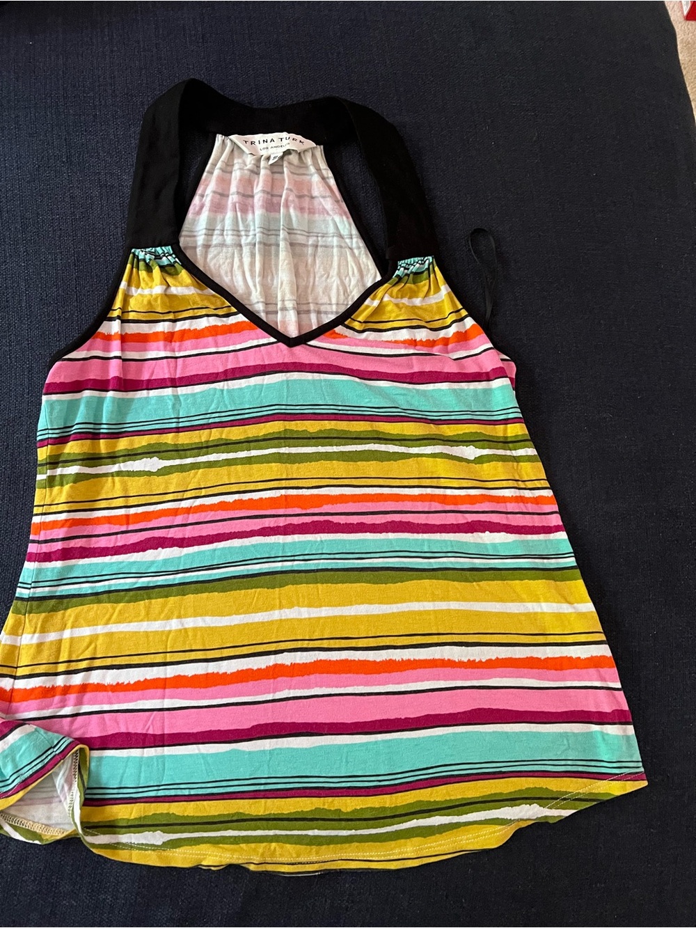 Striped Multicolor Racerback Tank Top - Black Trim Womens